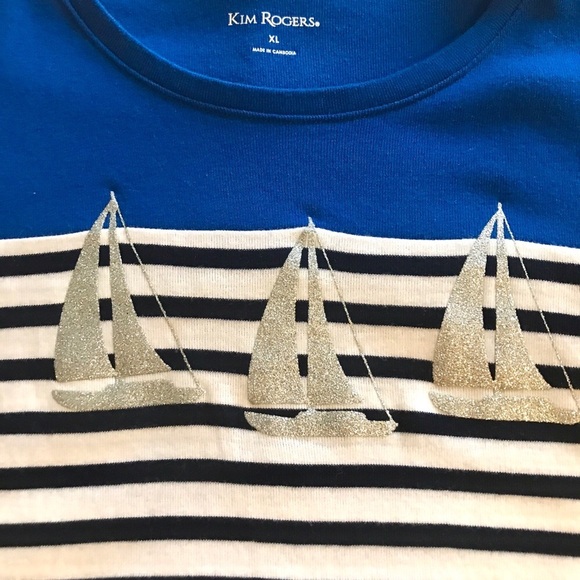 🎃🍁🎃SALE Nautical Navy Striped Top Silver Glimmer Sailboat Design XL - Picture 2 of 5